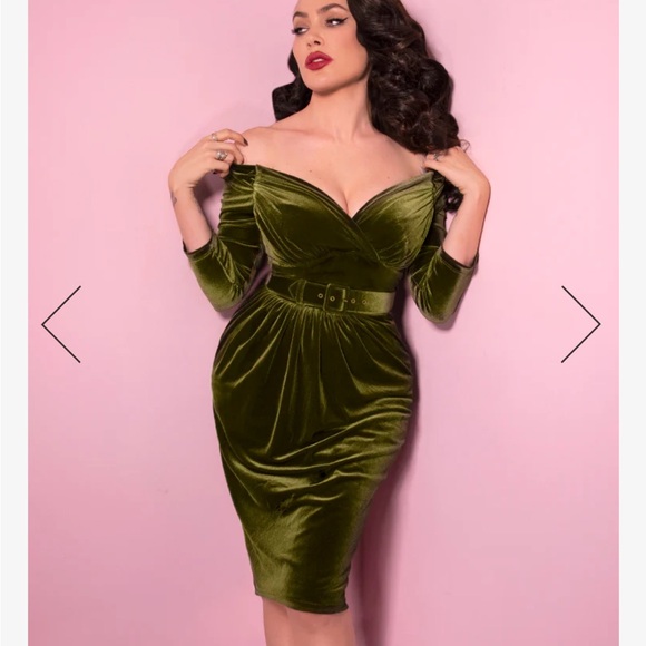 Micheline Pitt Starlet Wiggle Olive Green Velvet XS - Picture 3 of 4